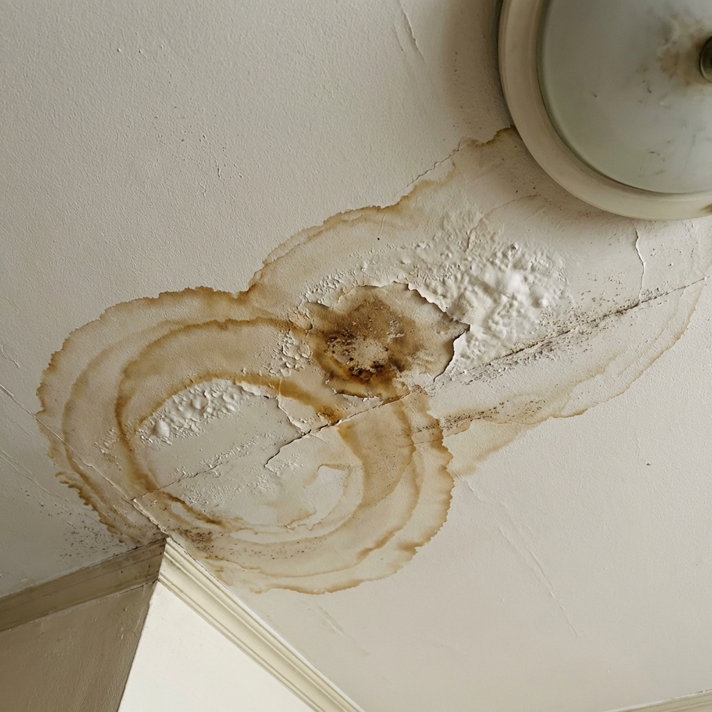 Water damage stains visible on apartment ceiling, illustrating pre-existing property issues that need documentation
