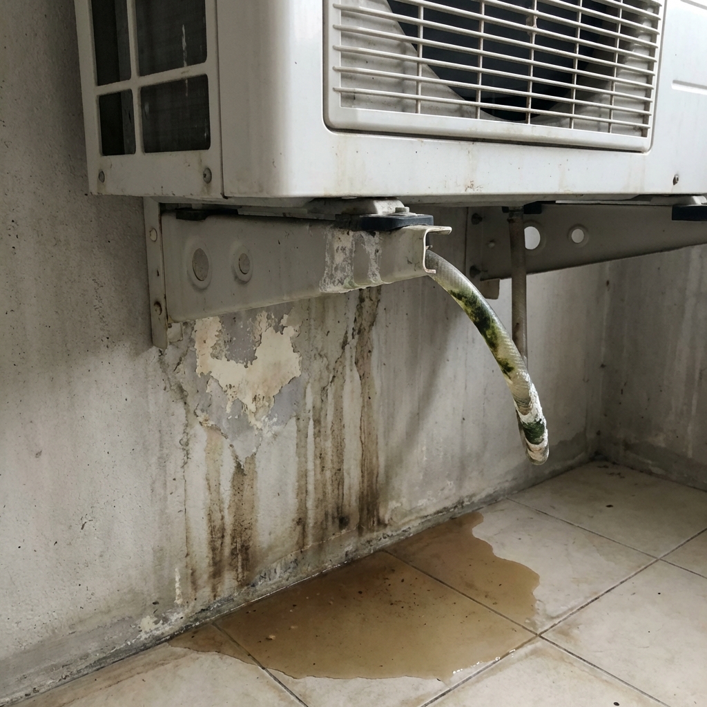 Blocked AC drainage line causing water backup and potential wall damage in Bangkok unit