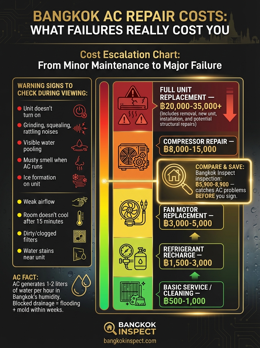 Infographic showing Bangkok AC repair cost breakdown from basic service to full replacement