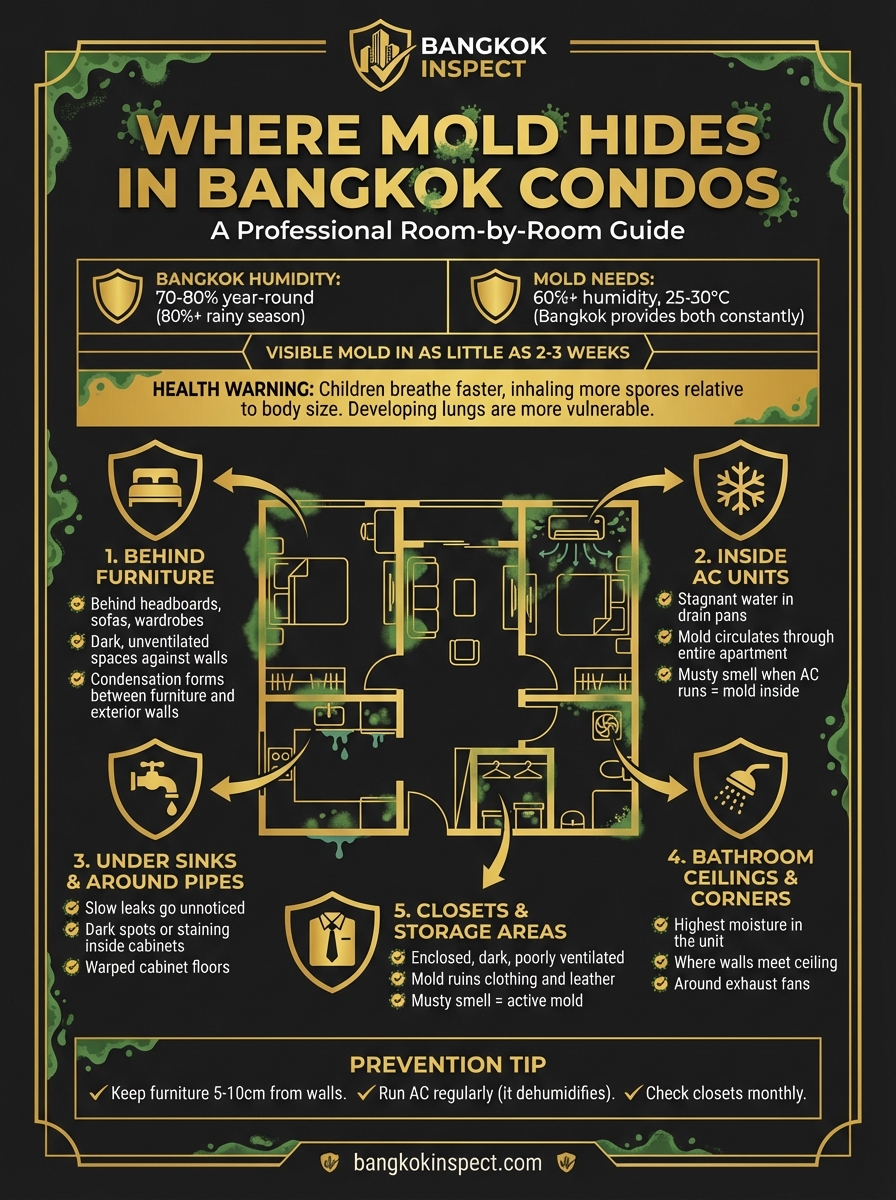Infographic showing the 5 common hiding spots for mold in Bangkok condos