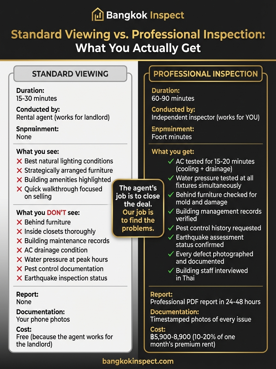 Infographic comparing standard rental viewing versus professional property inspection