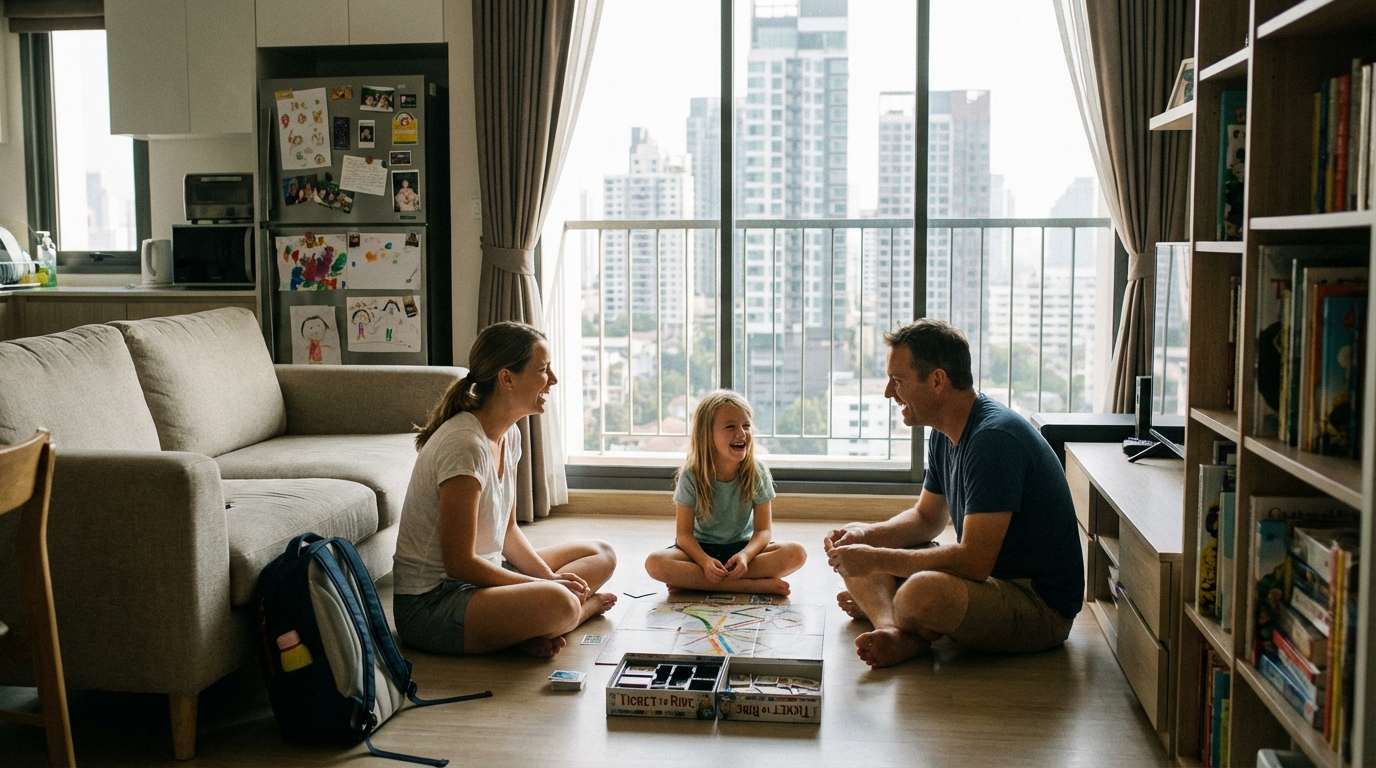 Expat family settling into their Bangkok condo living room, relaxed and comfortable in their new home
