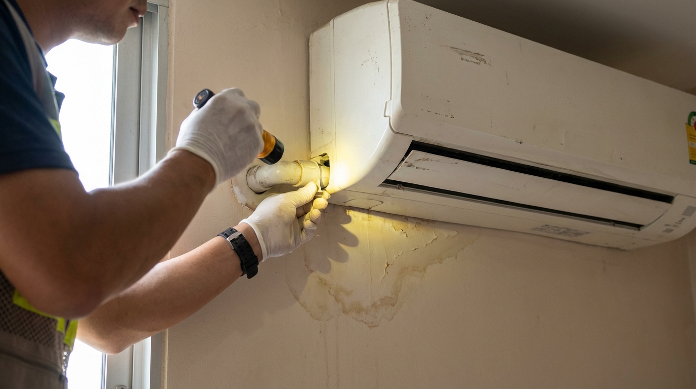 A professional inspector examining an AC unit's drainage connection, the kind of detail standard viewings skip