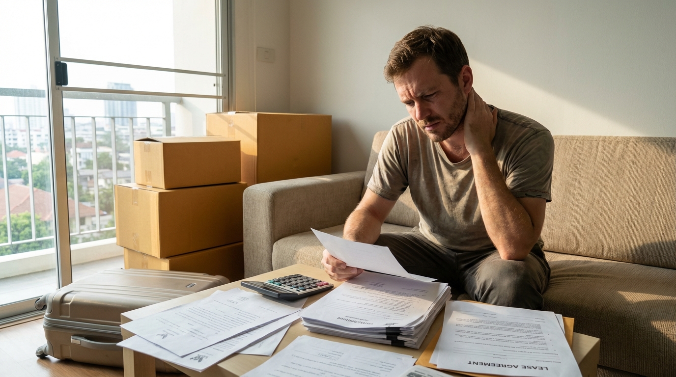 An expat reviewing rental paperwork in a Bangkok condo, navigating deposits and contracts in a foreign language