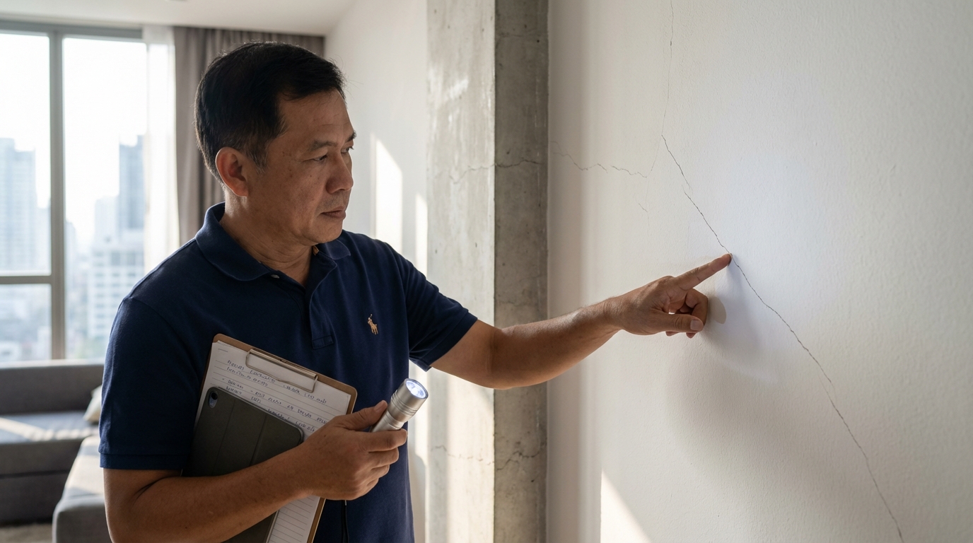 An inspector examining wall cracks for signs of structural movement, critical after the 2025 Myanmar earthquake