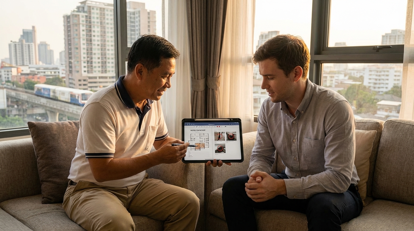 An inspector walking a client through the inspection report, independent documentation from someone who works for you, not the landlord